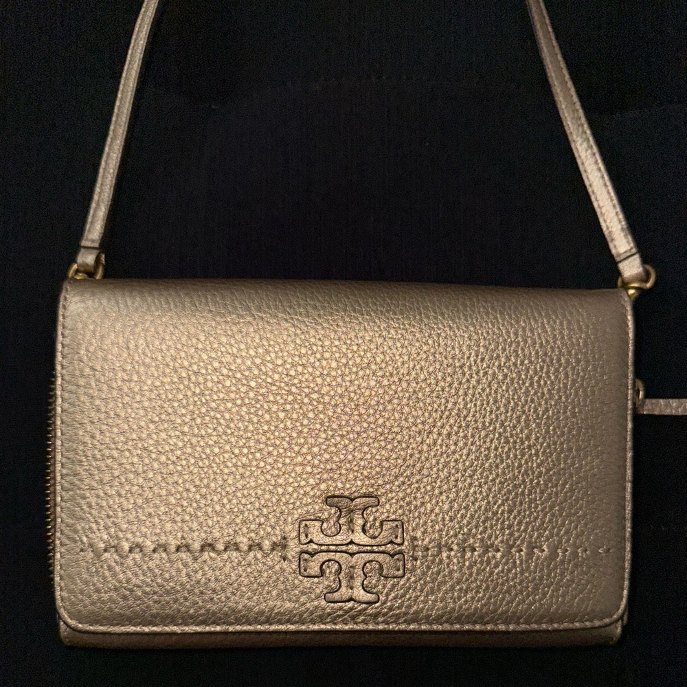 Tory Burch McGraw Gold Metallic flat wallet clutch and crossbody